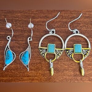 Silver-tone, Gold-tone & Blue Stone Earrings - 2 Pairs